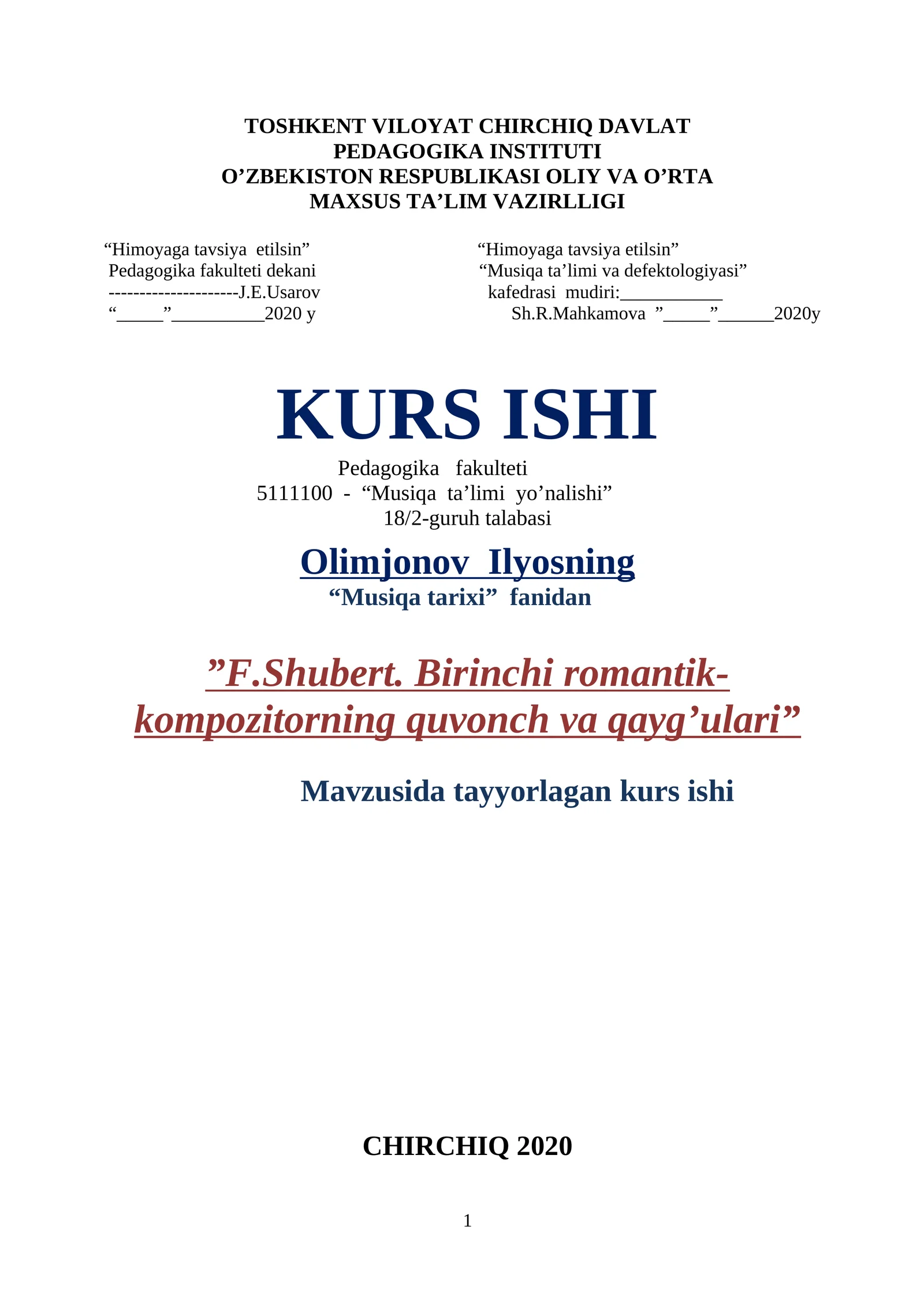 F.Shubert. Birinchi romantik-kompozitorning quvonch va qayg’ulari