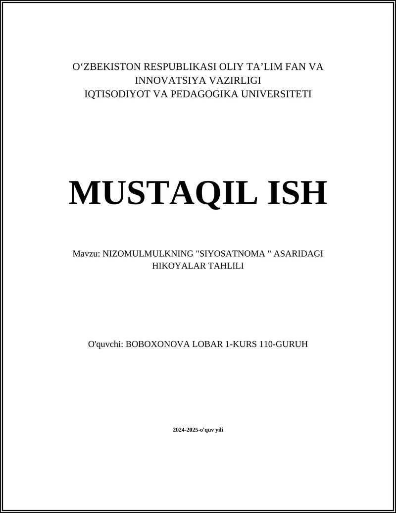 NIZOMULMULKNING "SIYOSATNOMA " ASARIDAGI HIKOYALAR TAHLILI