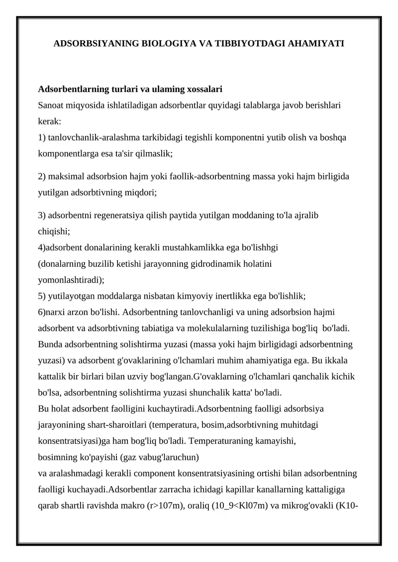 Adsorbsiyaning Biologiya va Tibbiyotdagi Ahamiyati