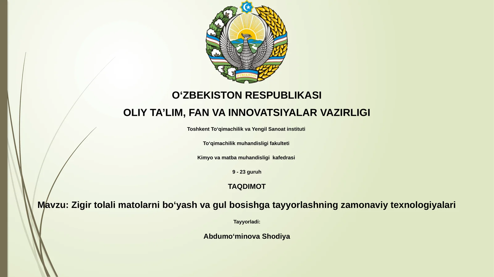 Zigir tolali matolarni boʻyash va gul bosishga tayyorlashning zamonaviy texnologiyalari