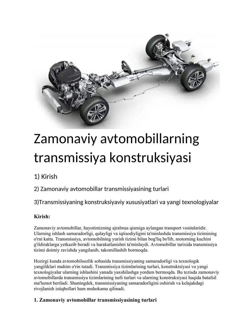 Zamonaviy avtomobillarning transmissiya konstruksiyasi