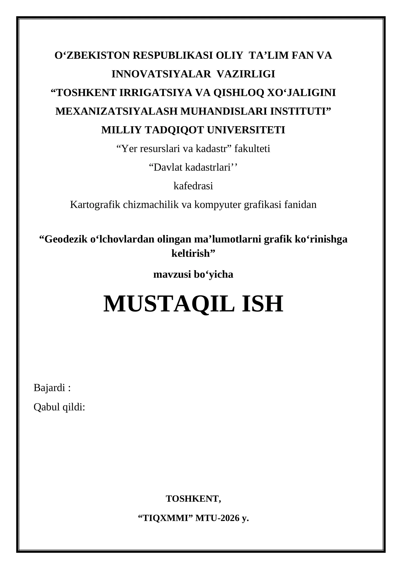 Geodezik o‘lchovlardan olingan ma’lumotlarni grafik ko‘rinishga keltirish.