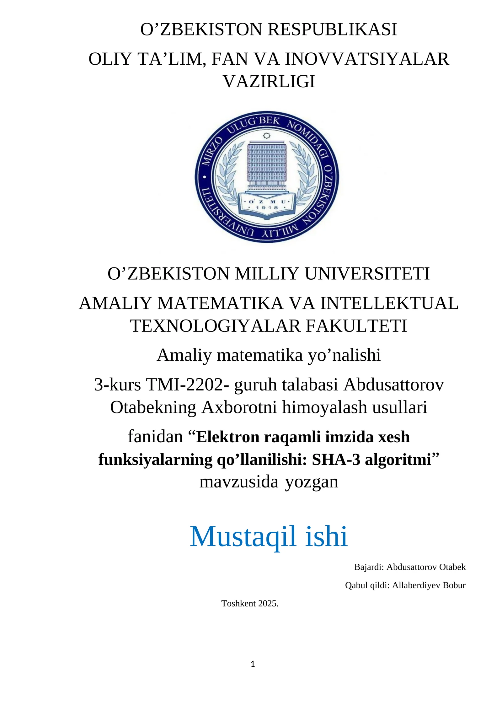 Elektron raqamli imzida xesh funksiyalarning qo’llanilishi: SHA-3 algoritmi