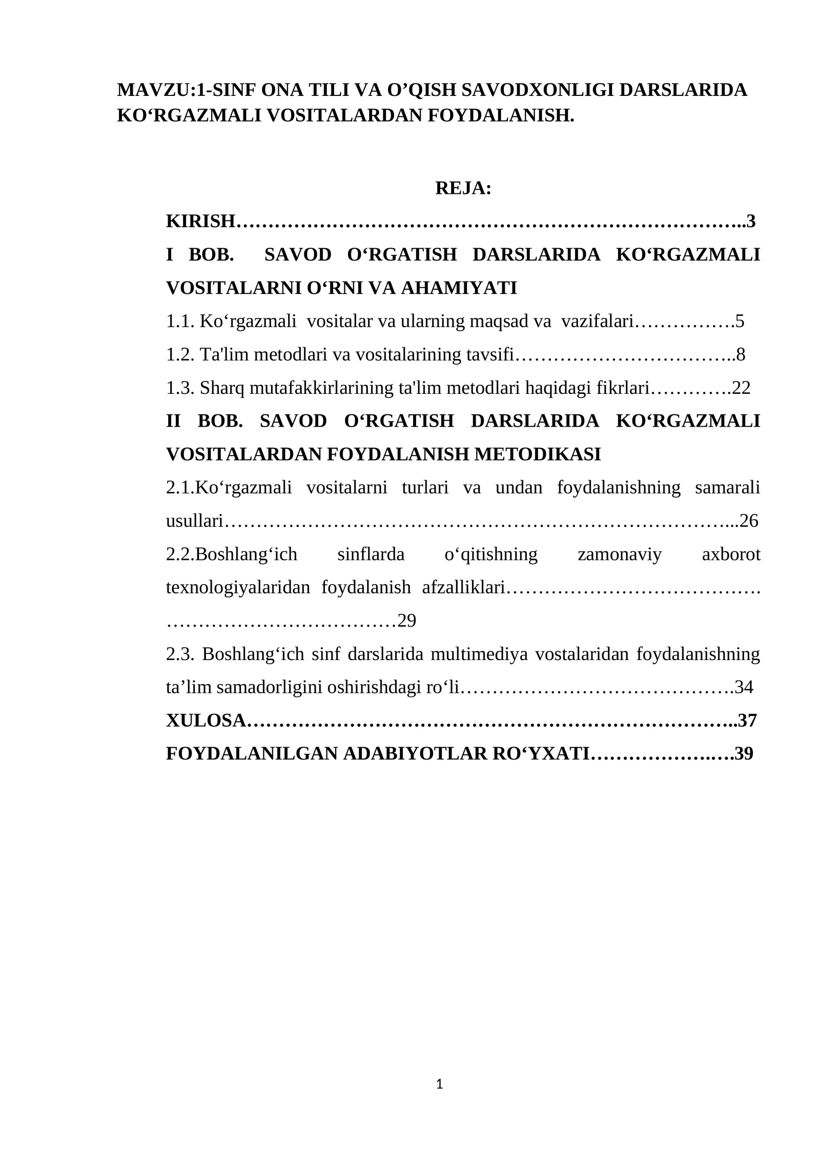 1-SINF ONA TILI VA O’QISH SAVODXONLIGI DARSLARIDA KOʻRGAZMALI VOSITALARDAN FOYDALANISH