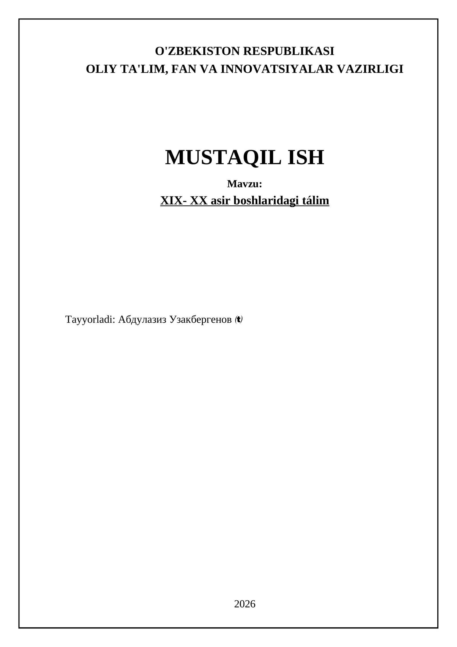 XIX- XX asr boshlaridagi tálim