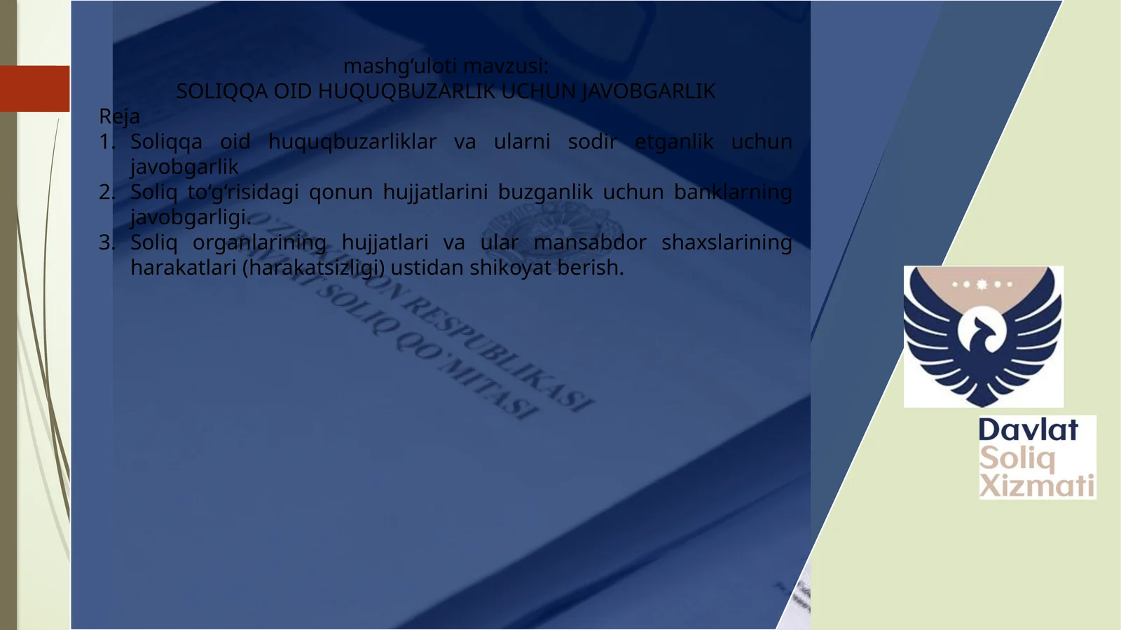 SOLIQQA OID HUQUQBUZARLIK UCHUN JAVOBGARLIK