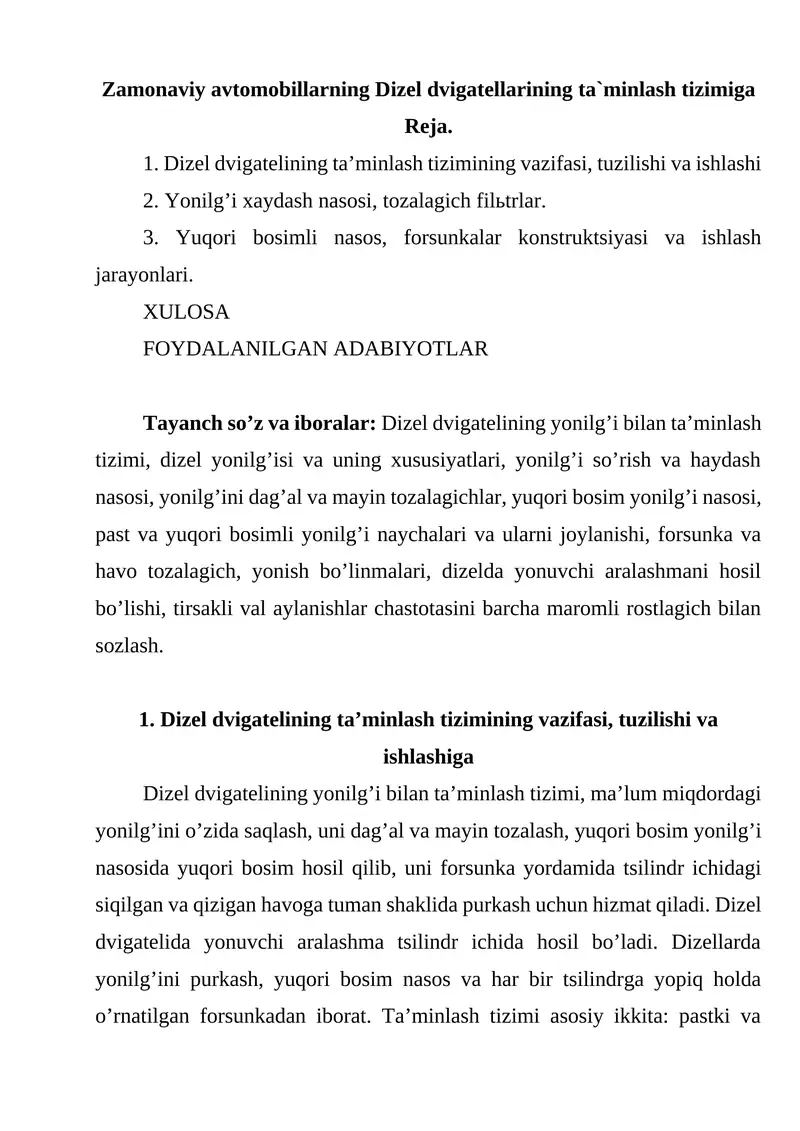 Zamonaviy avtomobillarning Dizel dvigatellarining ta`minlash tizimiga