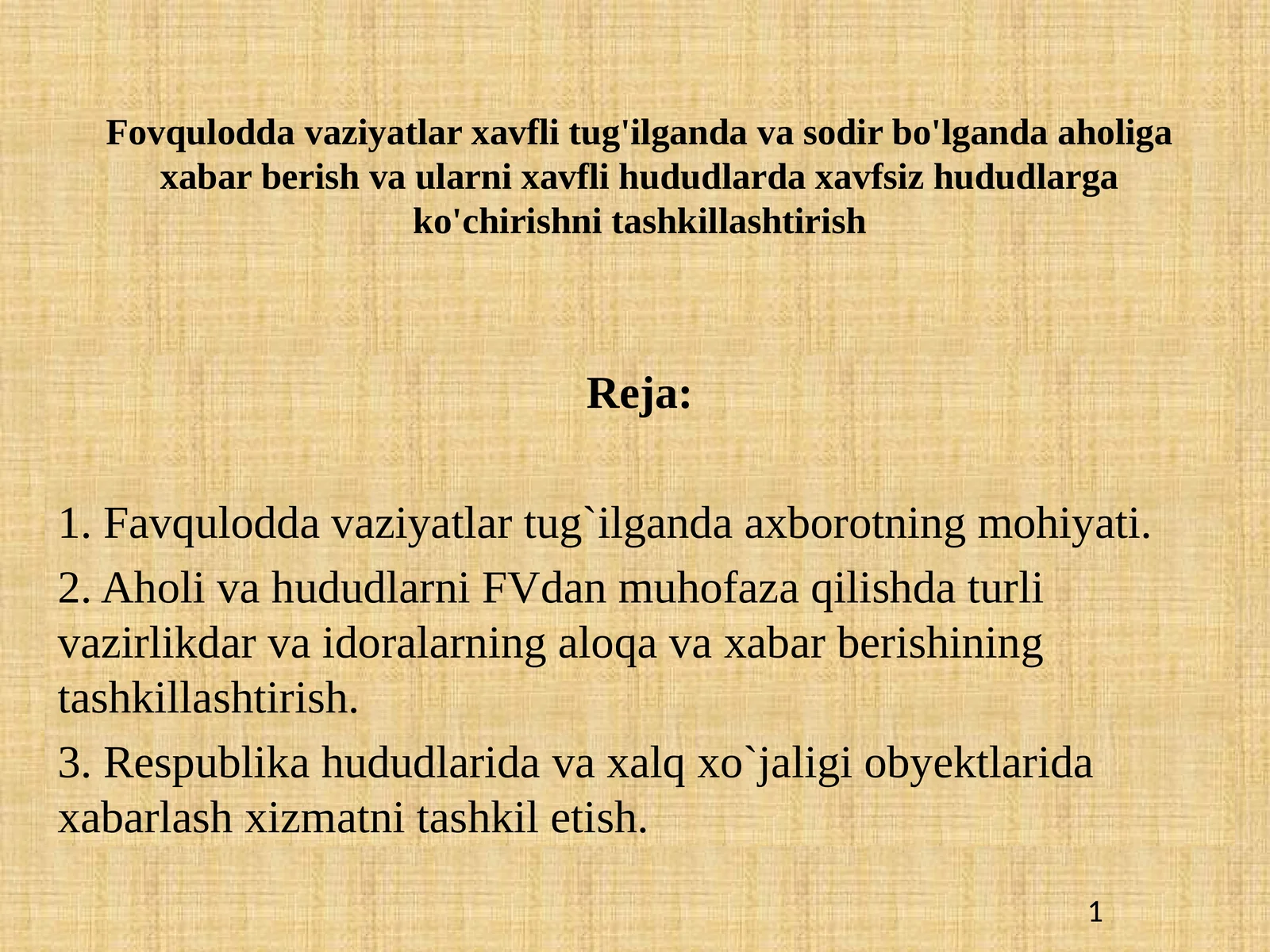 Fovqulodda vaziyatlar xavfli tug'ilganda va sodir bo'lganda aholiga xabar berish va ularni xavfli hududlarda xavfsiz hududlarga ko'chirishni tashkillashtirish