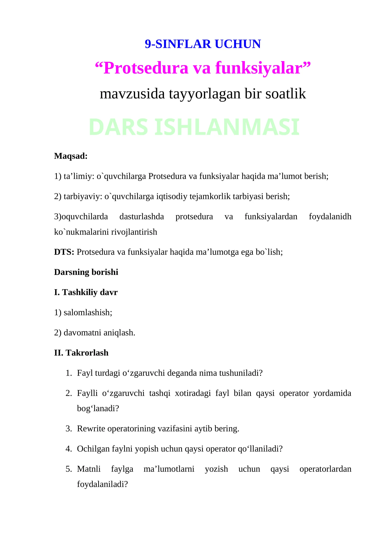 “Protsedura va funksiyalar”