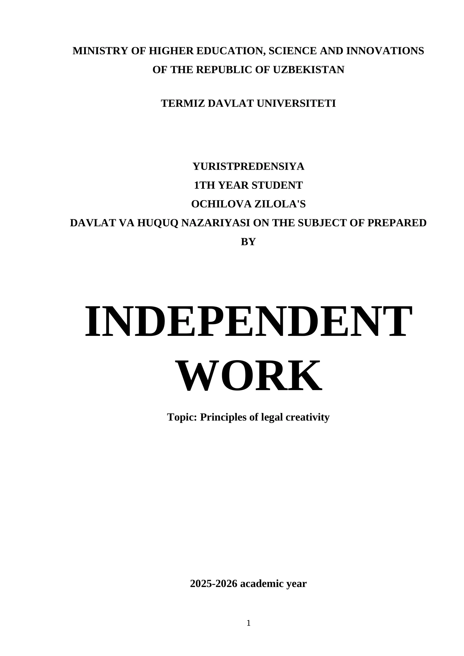 DAVLAT VA HUQUQ NAZARIYASI ON THE SUBJECT OF PREPARED BY INDEPENDENT WORK