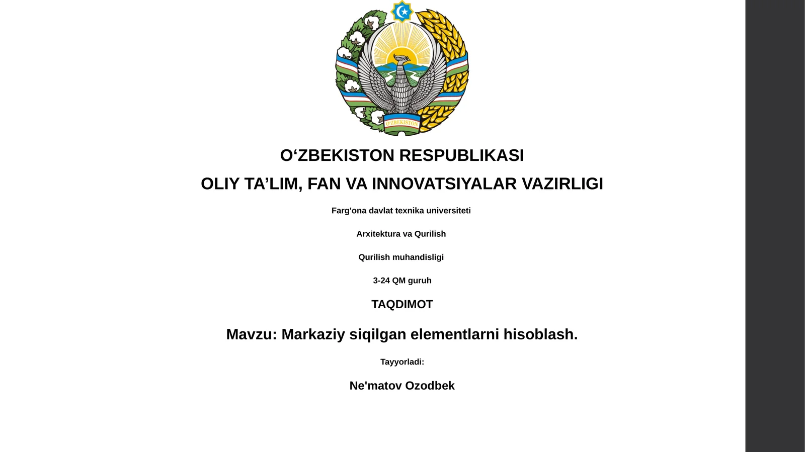 Markaziy siqilgan elementlarni hisoblash