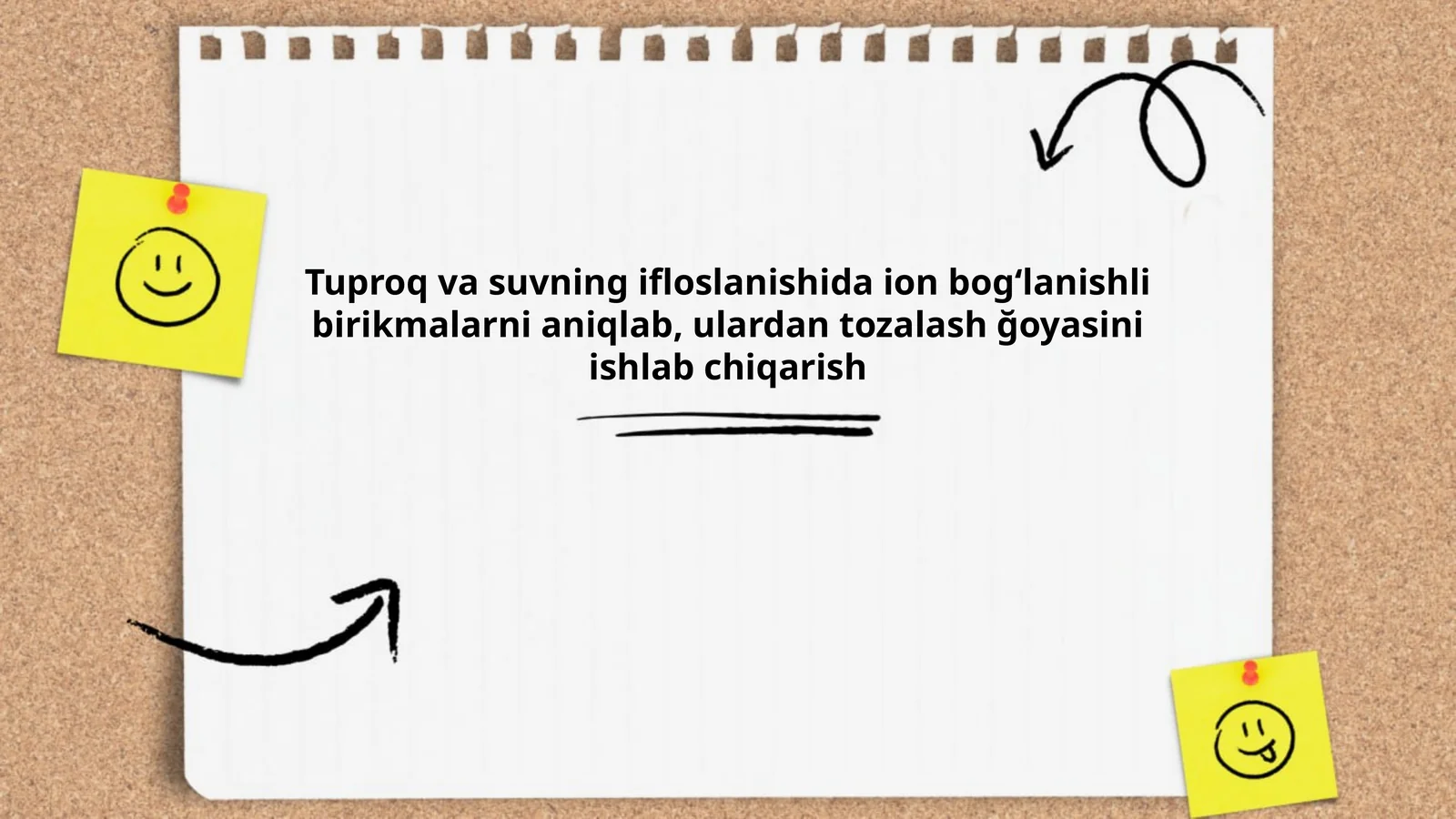 Tuproq va suvning ifloslanishida ion bogʻlanishli birikmalarni aniqlab, ulardan tozalash ğoyasini ishlab chiqarish