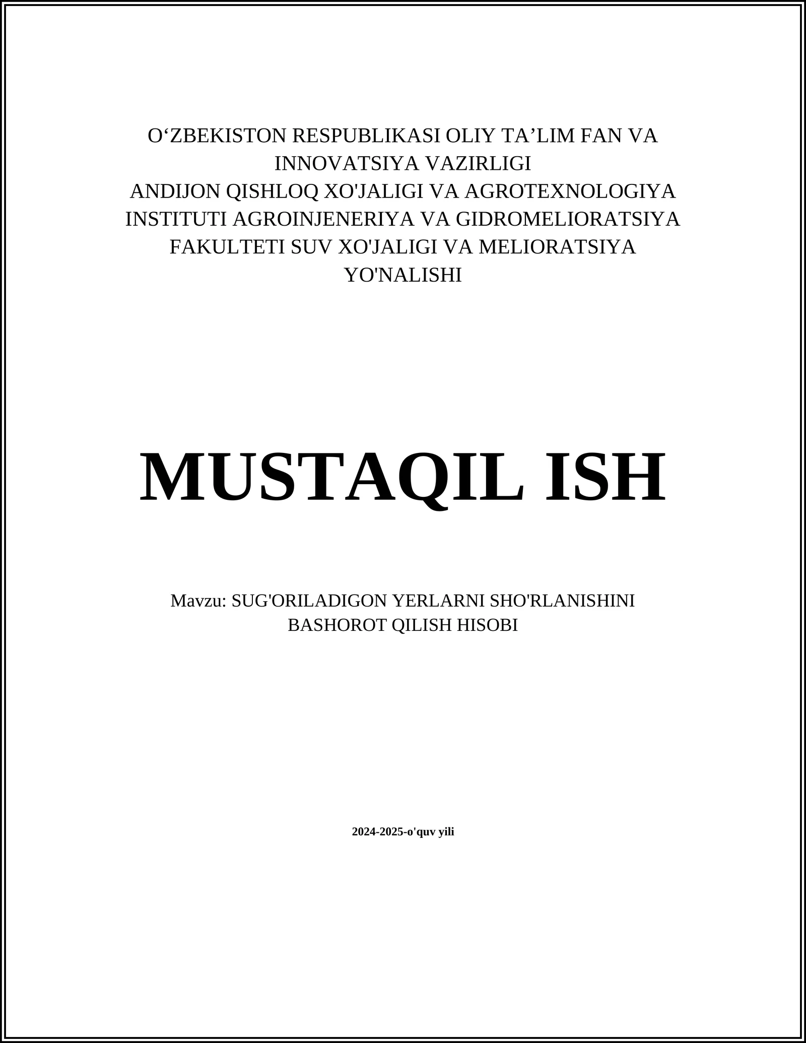 SUG'ORILADIGON YERLARNI SHO'RLANISHINI BASHOROT QILISH HISOBI