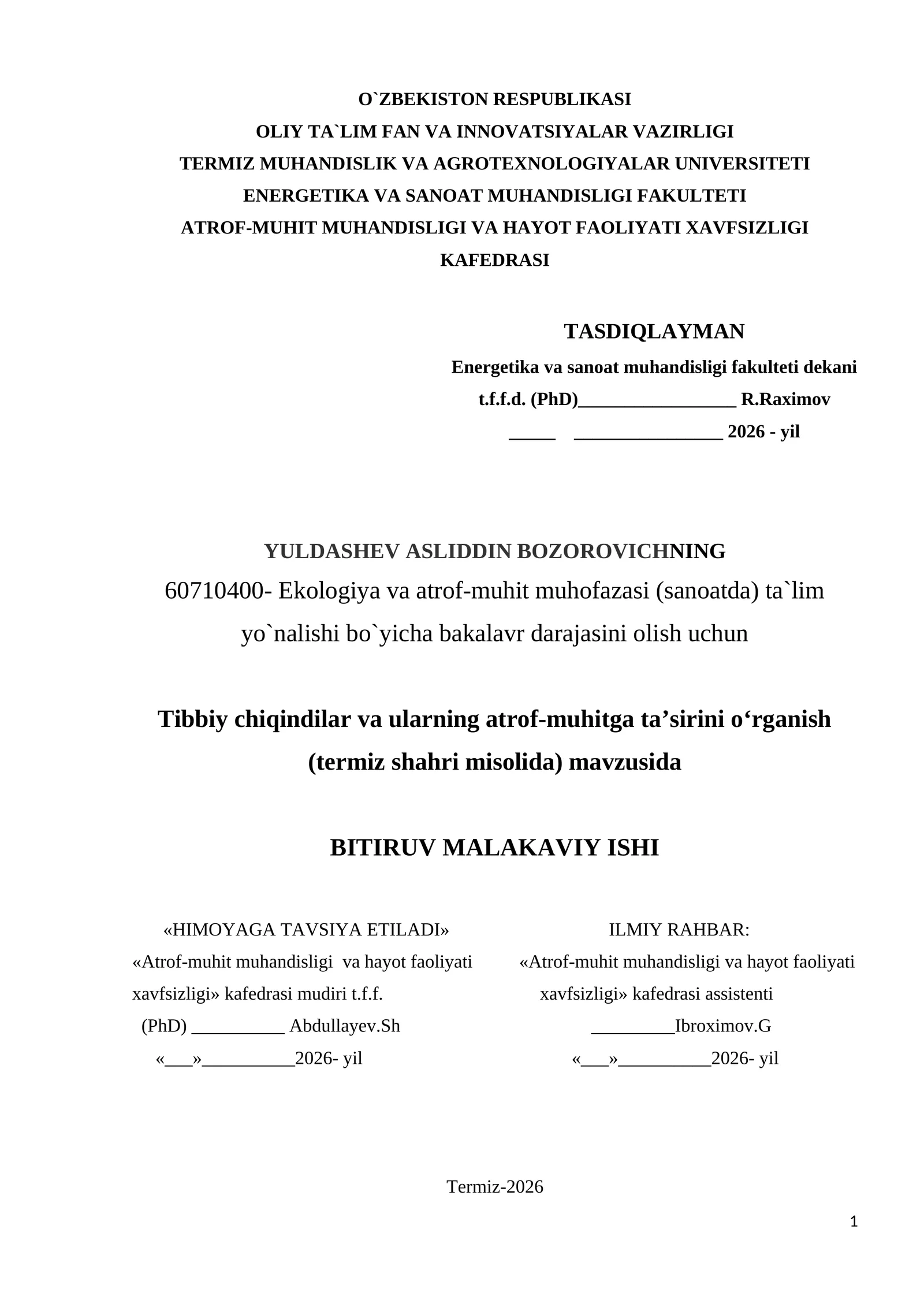 Tibbiy chiqindilar utilizasiyasi {termiz misolda}