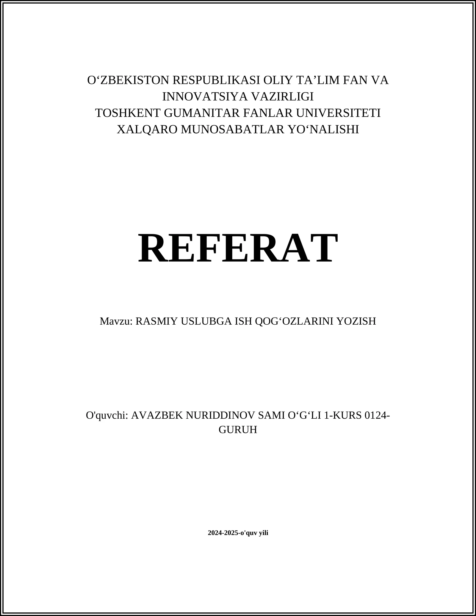 Rasmiy Uslubga Ish Qogʻozlarini Yozish