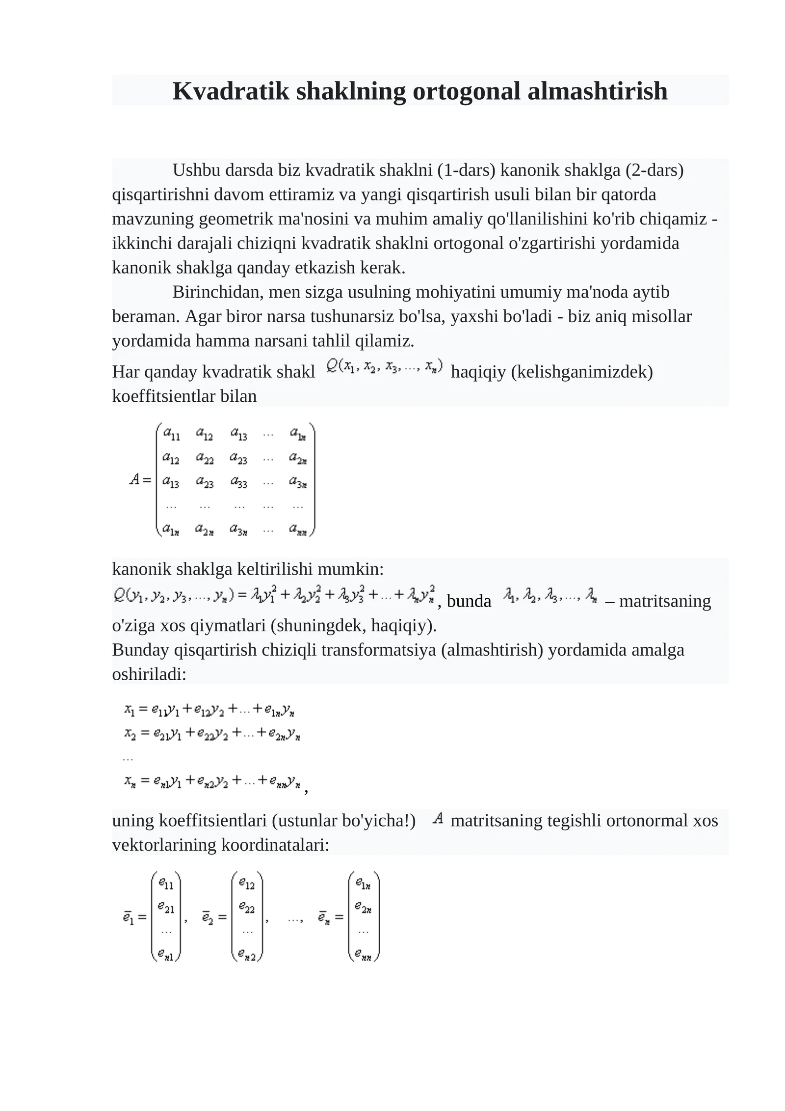 Kvadratik shaklning ortogonal almashtirish