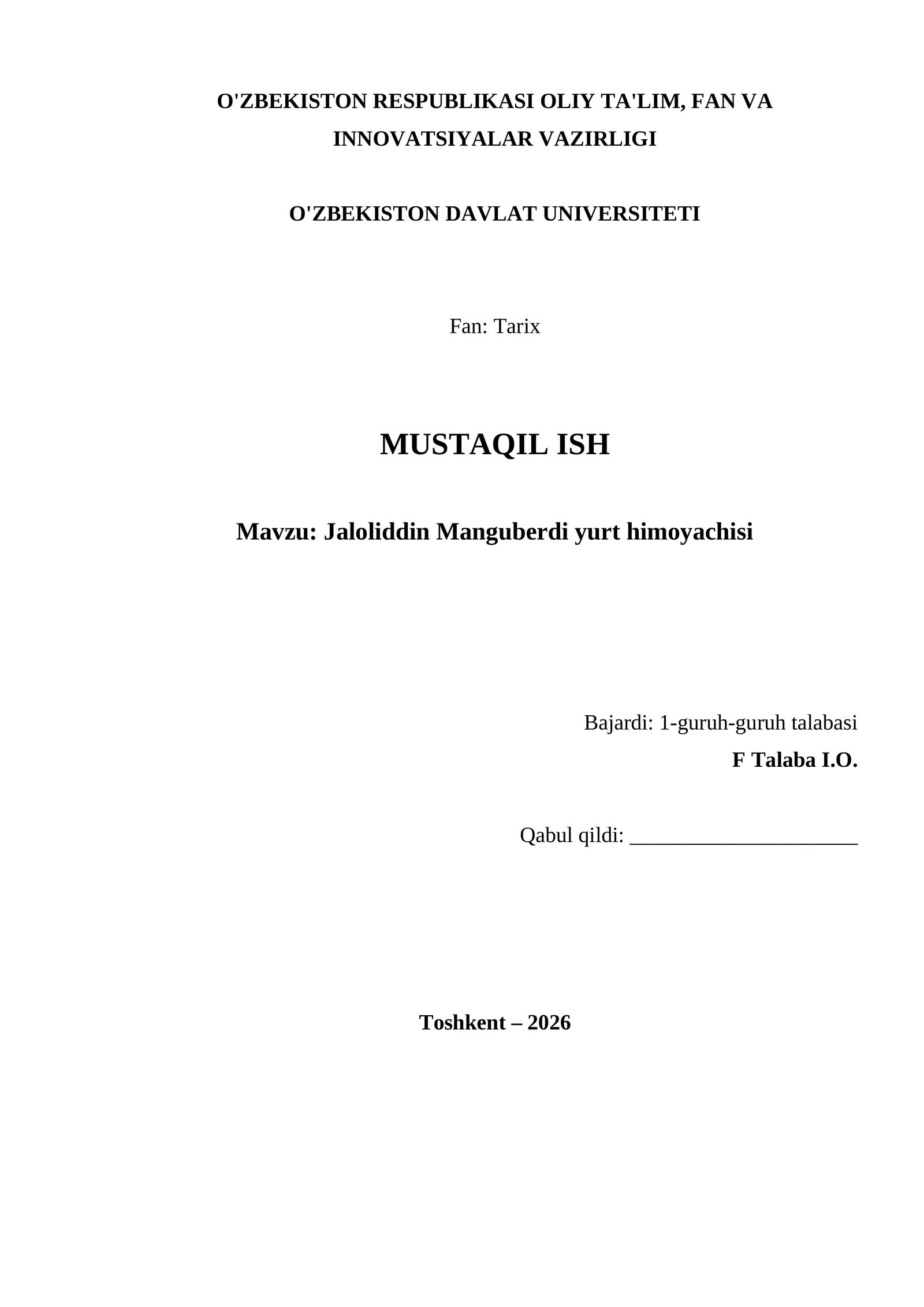 Jaloliddin Manguberdi yurt himoyachisi