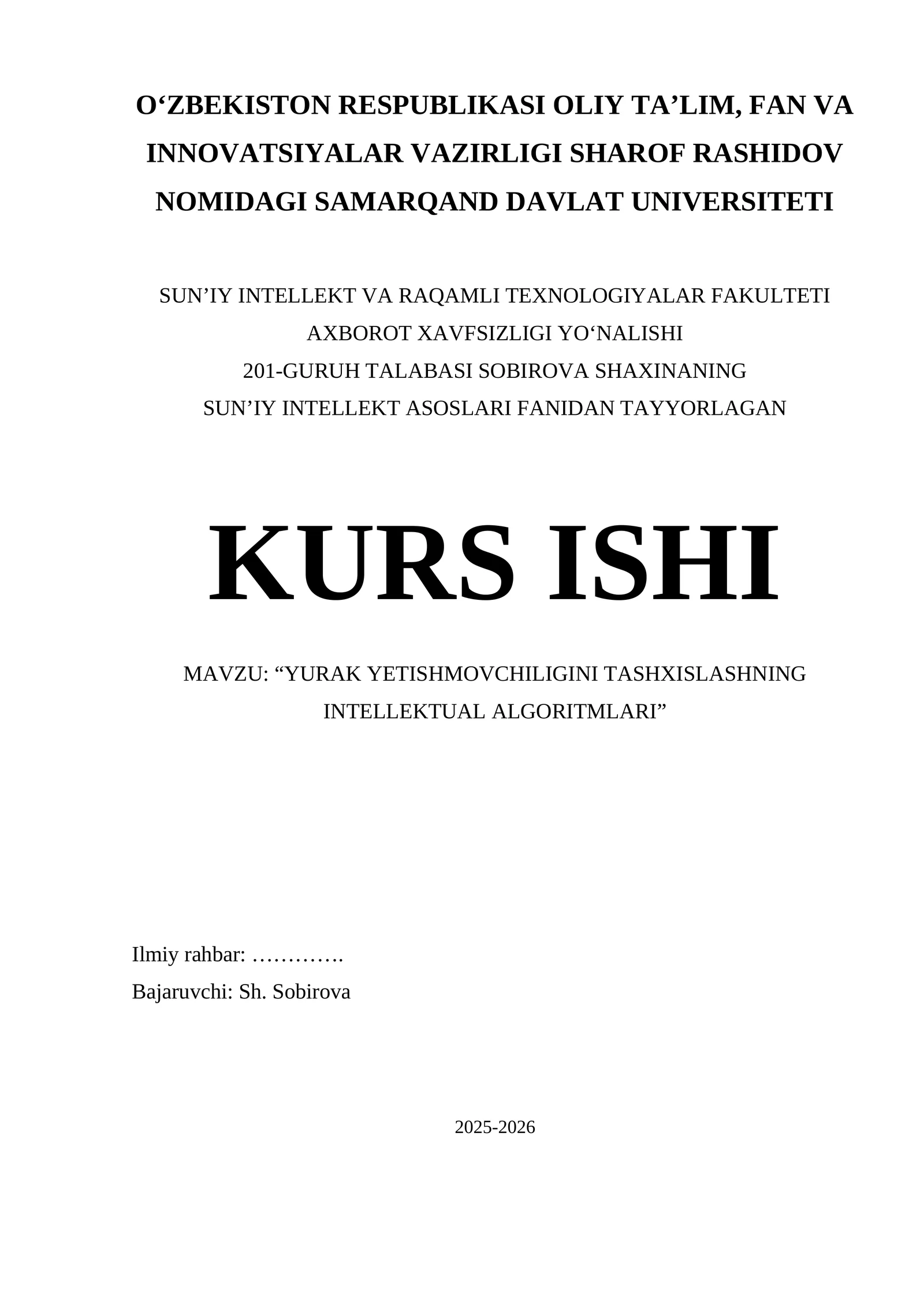“YURAK YETISHMOVCHILIGINI TASHXISLASHNING INTELLEKTUAL ALGORITMLARI”