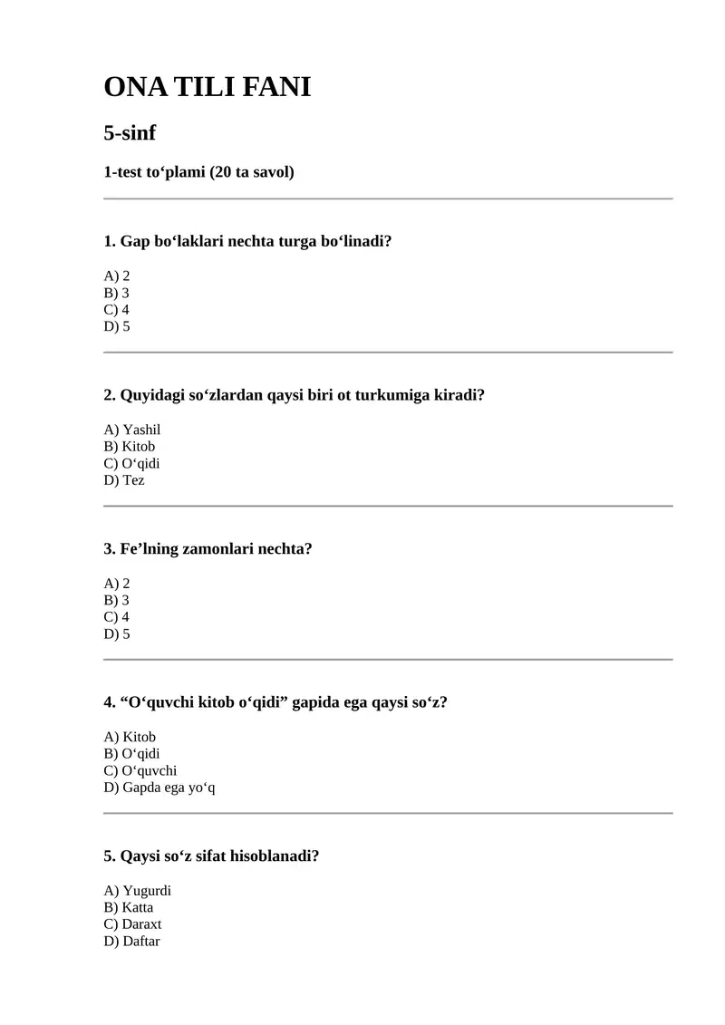 ONA TILI FANI 5 sinf 1 test To plami ona-tili-fani-5-sinf-1-test-to-plami