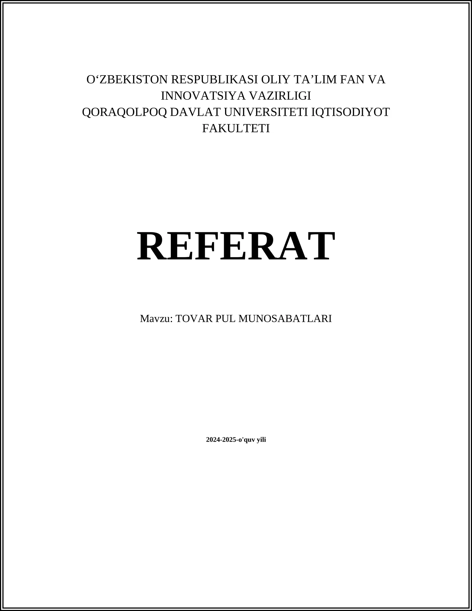TOVAR PUL MUNOSABATLARI