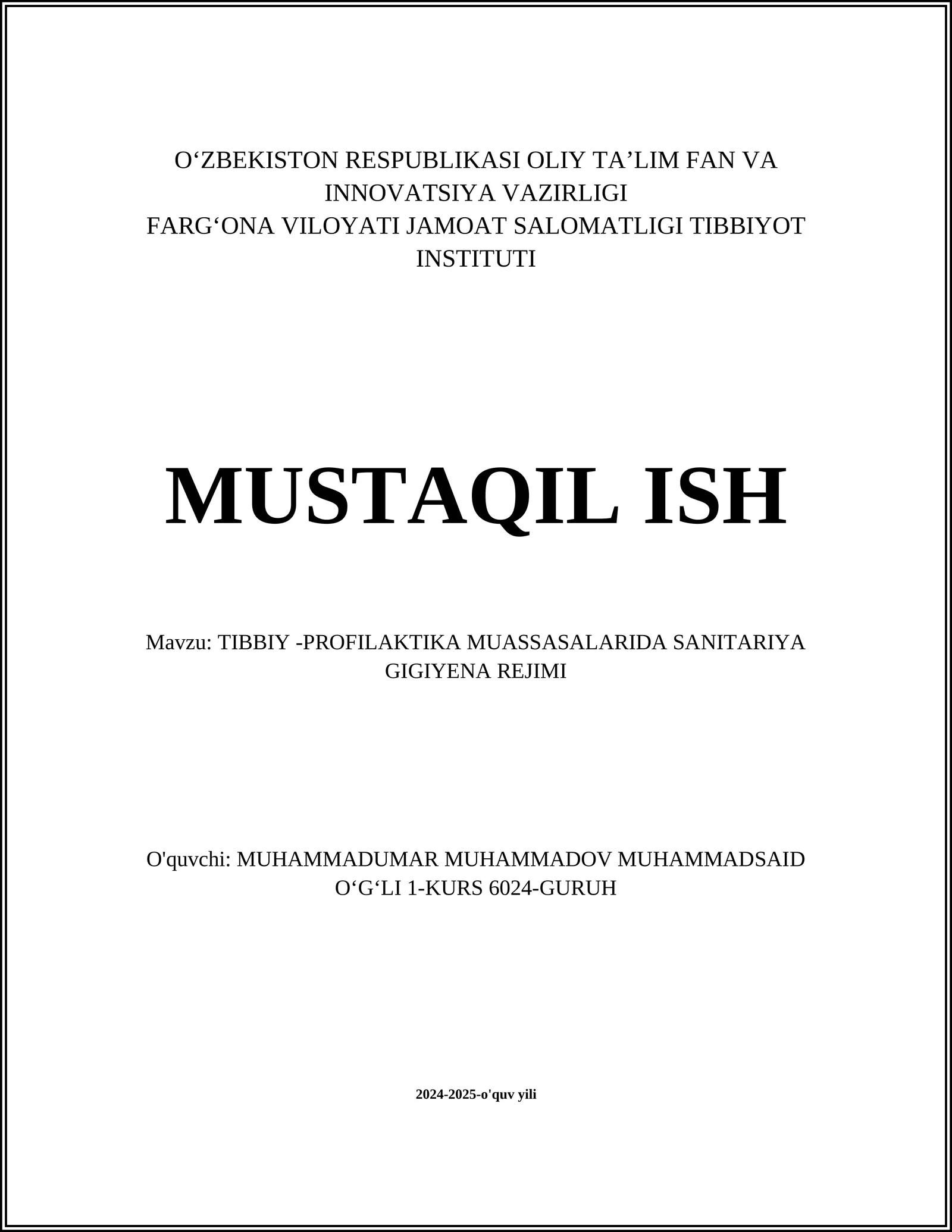 TIBBIY -PROFILAKTIKA MUASSASALARIDA SANITARIYA GIGIYENA REJIMI