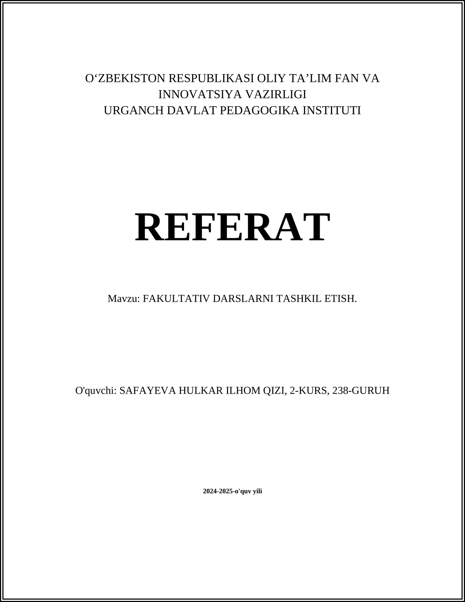 FAKULTATIV DARSLARNI TASHKIL ETISH