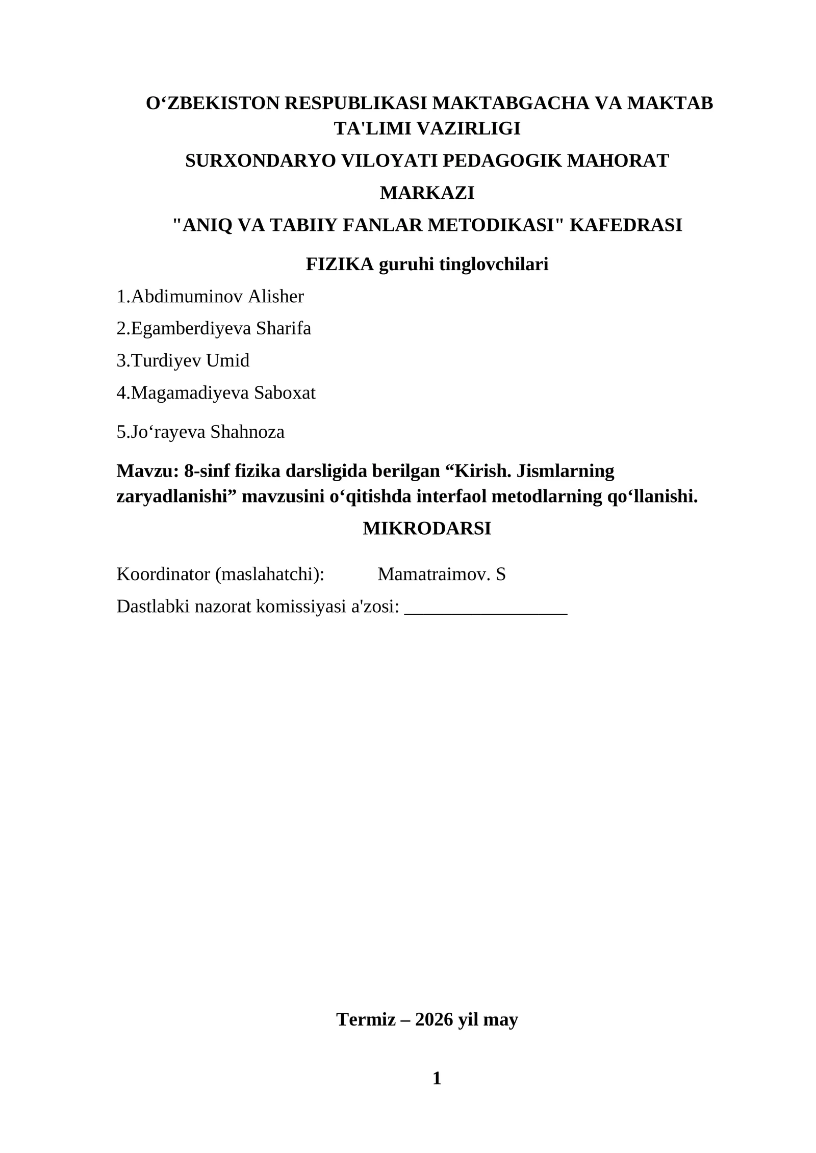 8-sinf fizika darsligida berilgan “Kirish. Jismlarning zaryadlanishi” mavzusi o‘qitish metodikasi