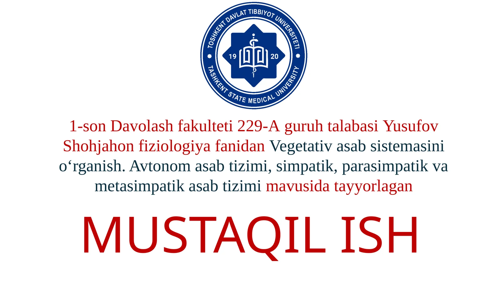 Avtonom asab tizimi, simpatik, parasimpatik va metasimpatik asab tizimi.