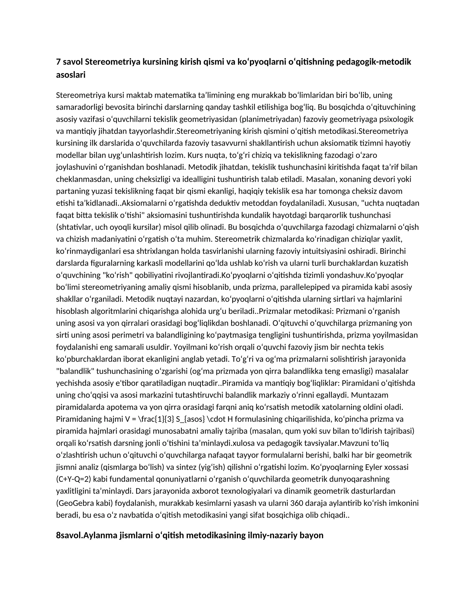 Matematika o‘qitish metodika qisqa savollarga qisqa javoblar