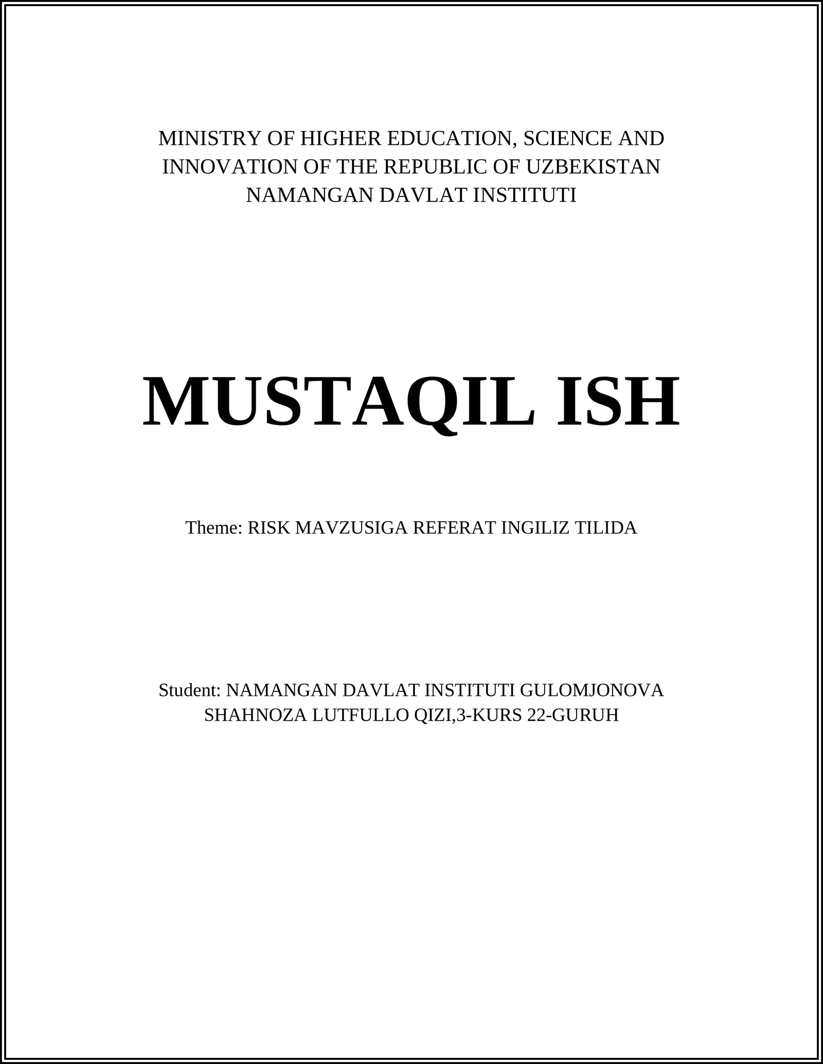 RISK MAVZUSIGA REFERAT INGILIZ TILIDA