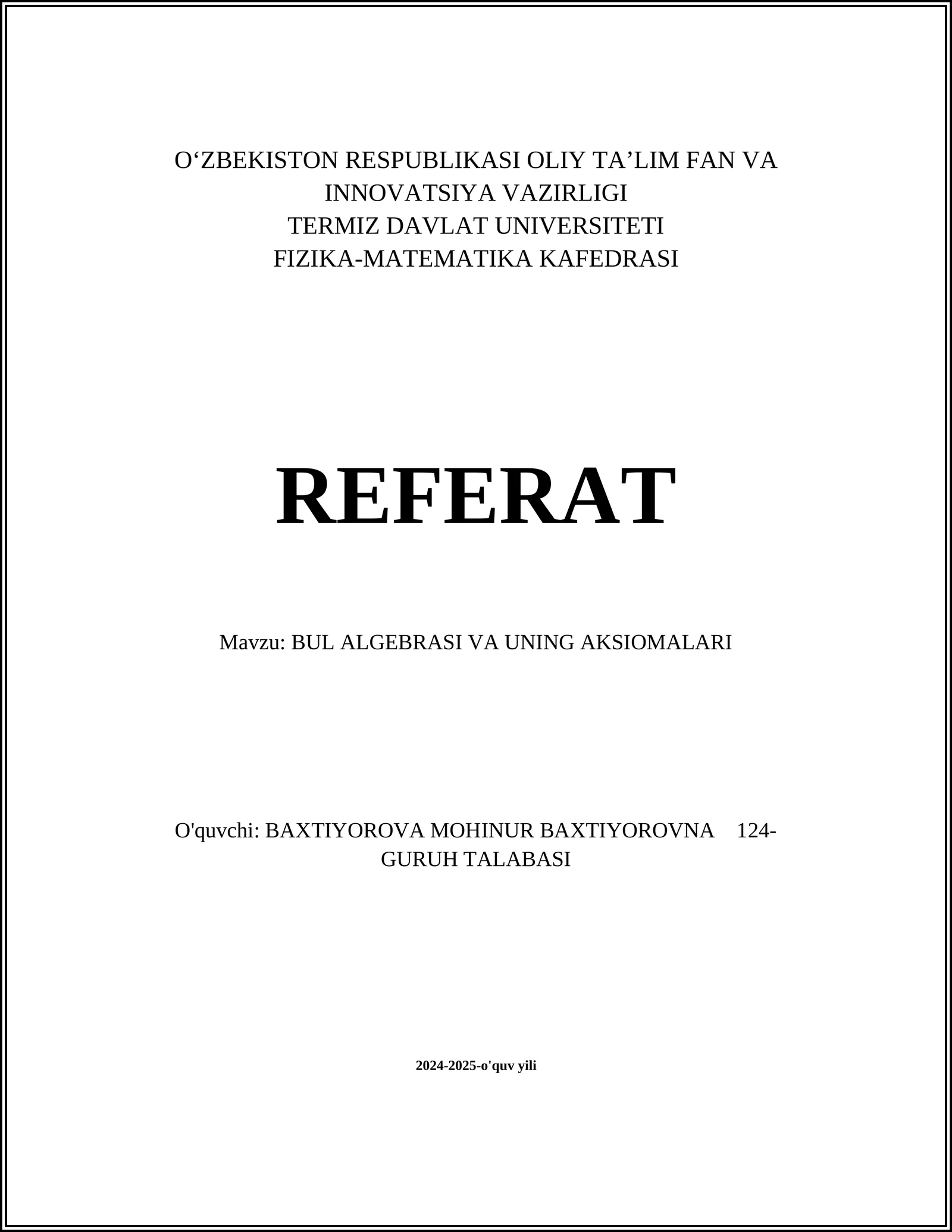 BUL ALGEBRASI VA UNING AKSIOMALARI