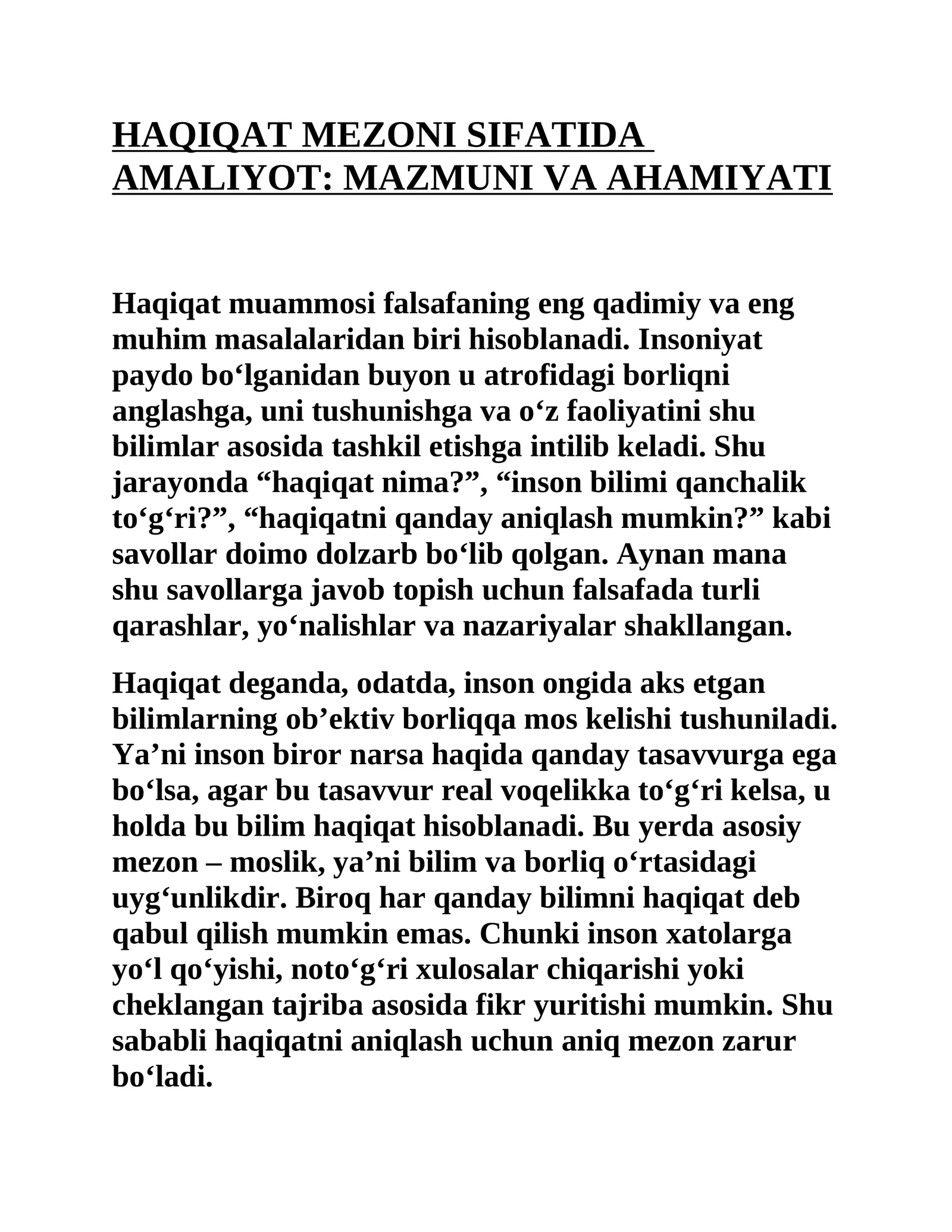 HAQIQAT MEZONI SIFATIDA AMALIYOT: MAZMUNI VA AHAMIYATI