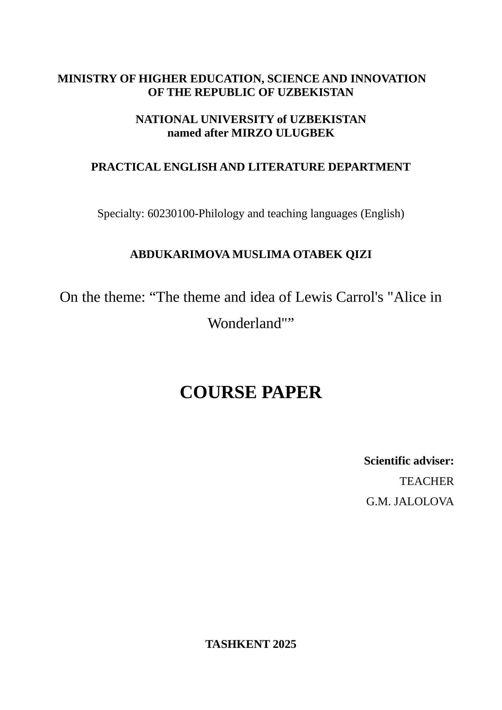 Alice in Wonderland Course Paper