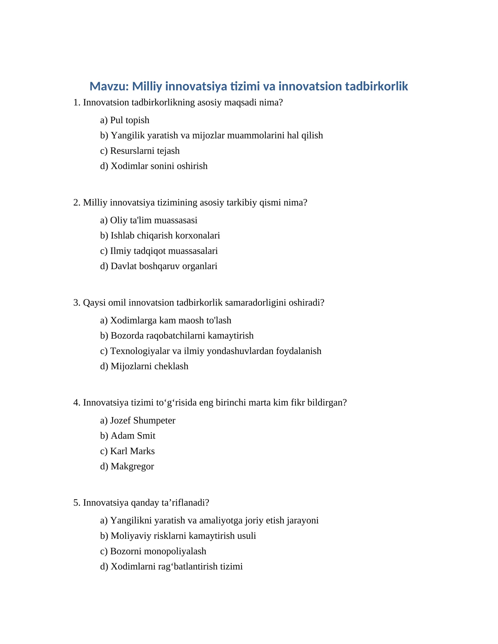 Milliy innovatsiya tizimi va innovatsion tadbirkorlik