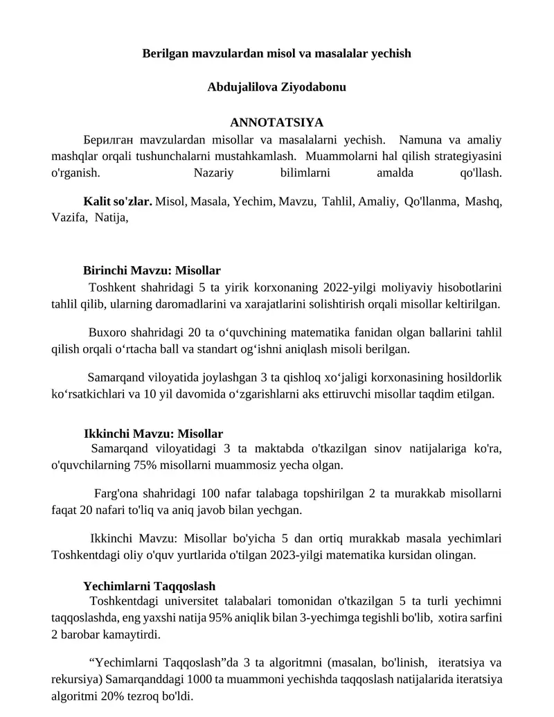 Berilgan mavzulardan misol va masalalar yechish