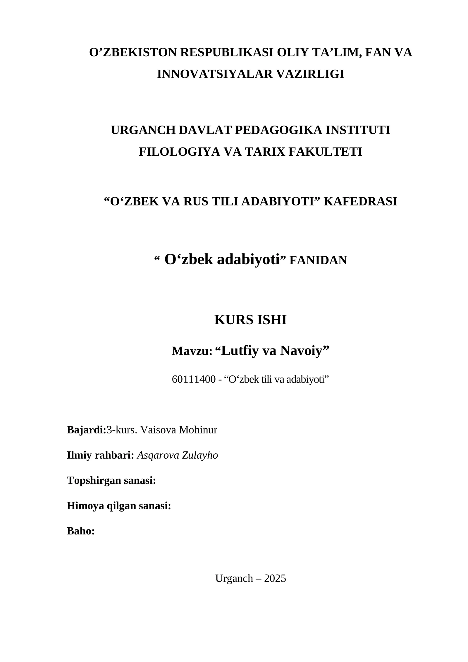 “Lutfiy va Navoiy” KURS ISHI