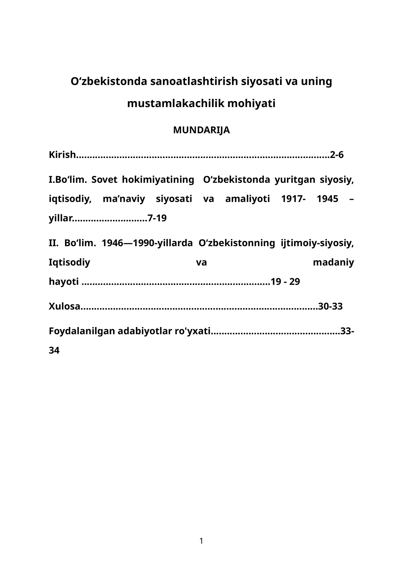 O‘zbekistonda sanoatlashtirish siyosati va uning mustamlakachilik mohiyati