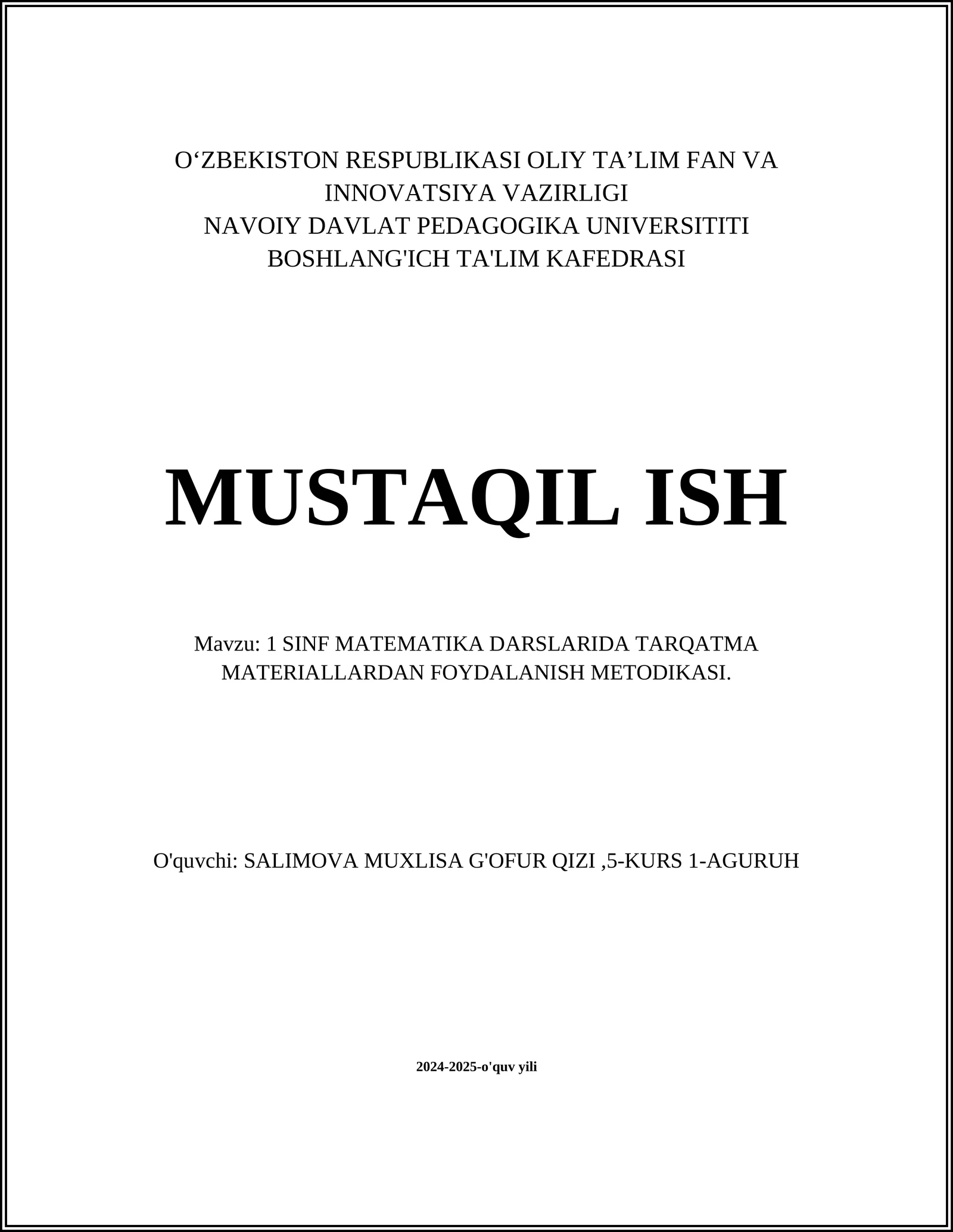 1 SINF MATEMATIKA DARSLARIDA TARQATMA MATERIALLARDAN FOYDALANISH METODIKASI