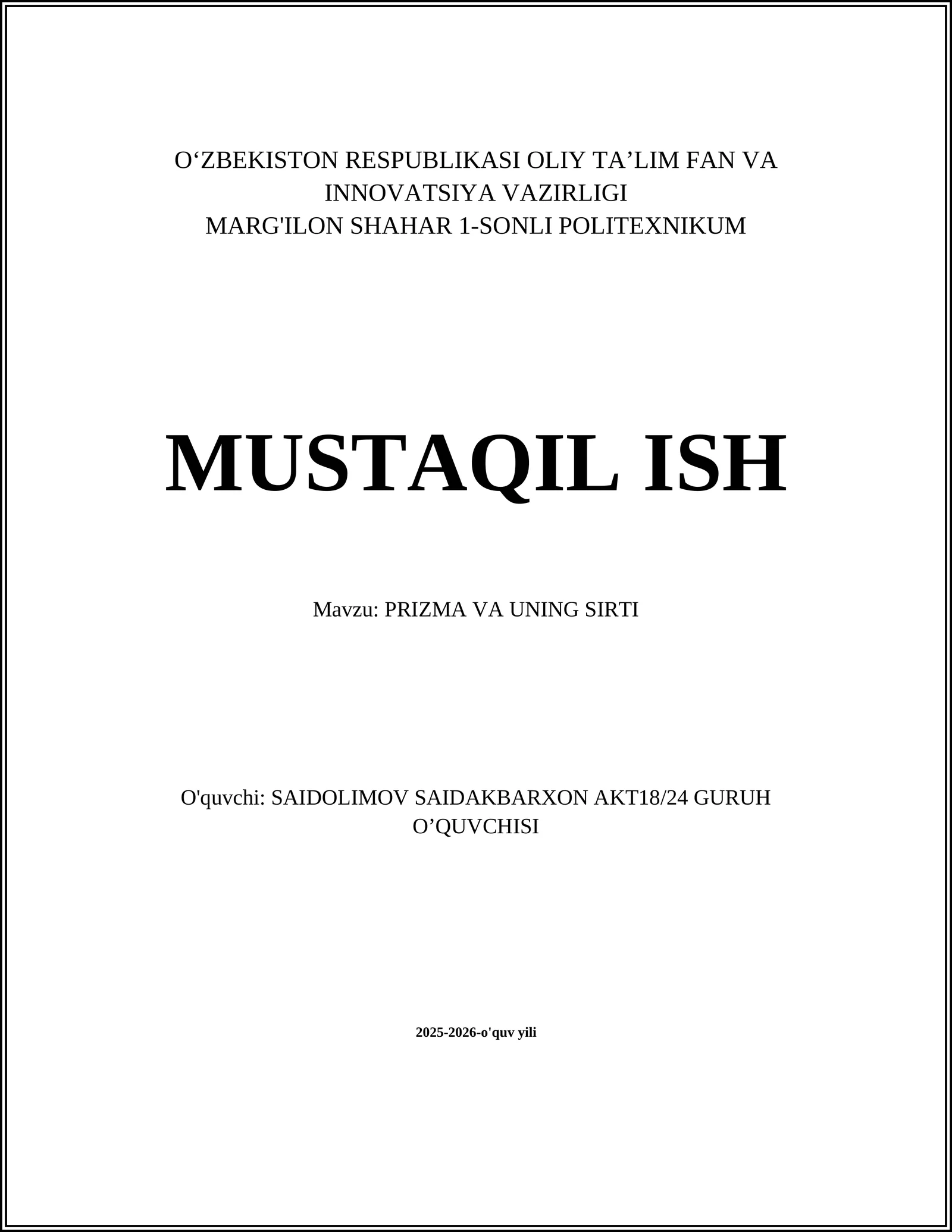 PRIZMA VA UNING SIRTI