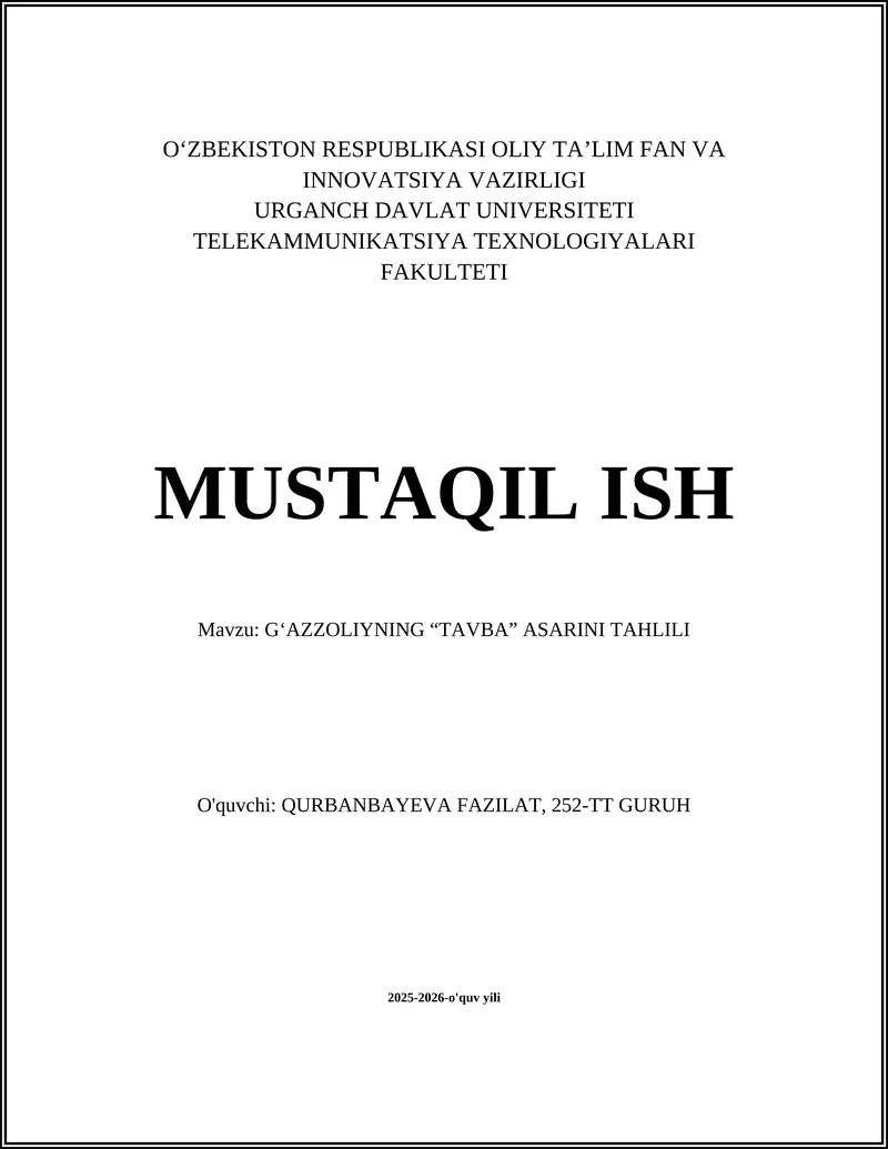 G‘AZZOLIYNING “TAVBA” ASARINI TAHLILI