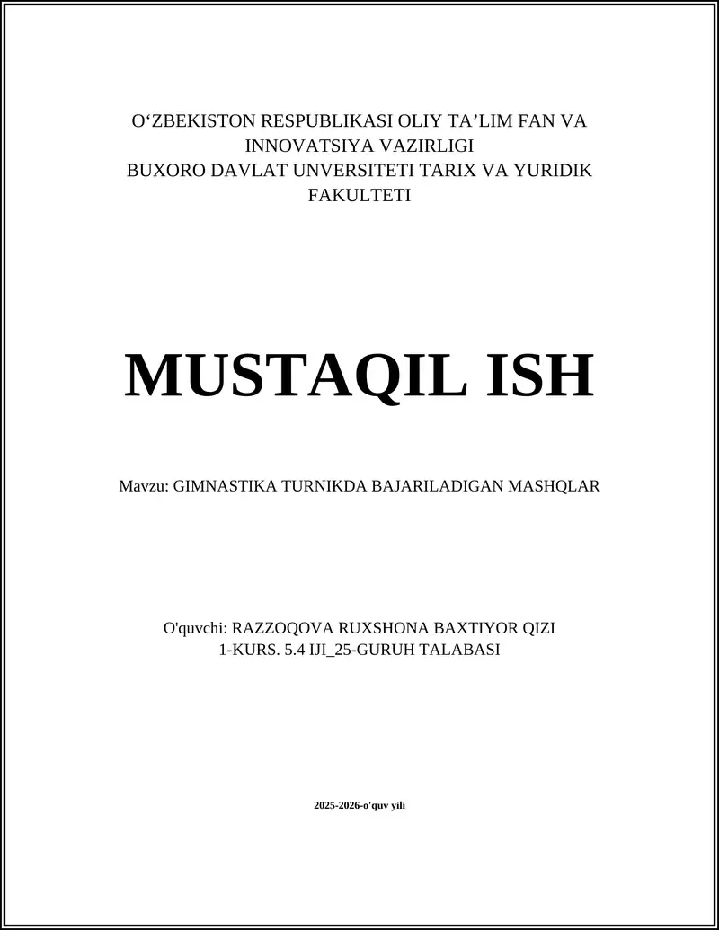 GIMNASTIKA TURNIKDA BAJARILADIGAN MASHQLAR