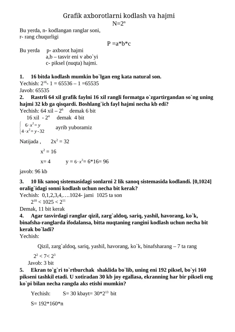 Grafik axborotlarni kodlash va hajmi