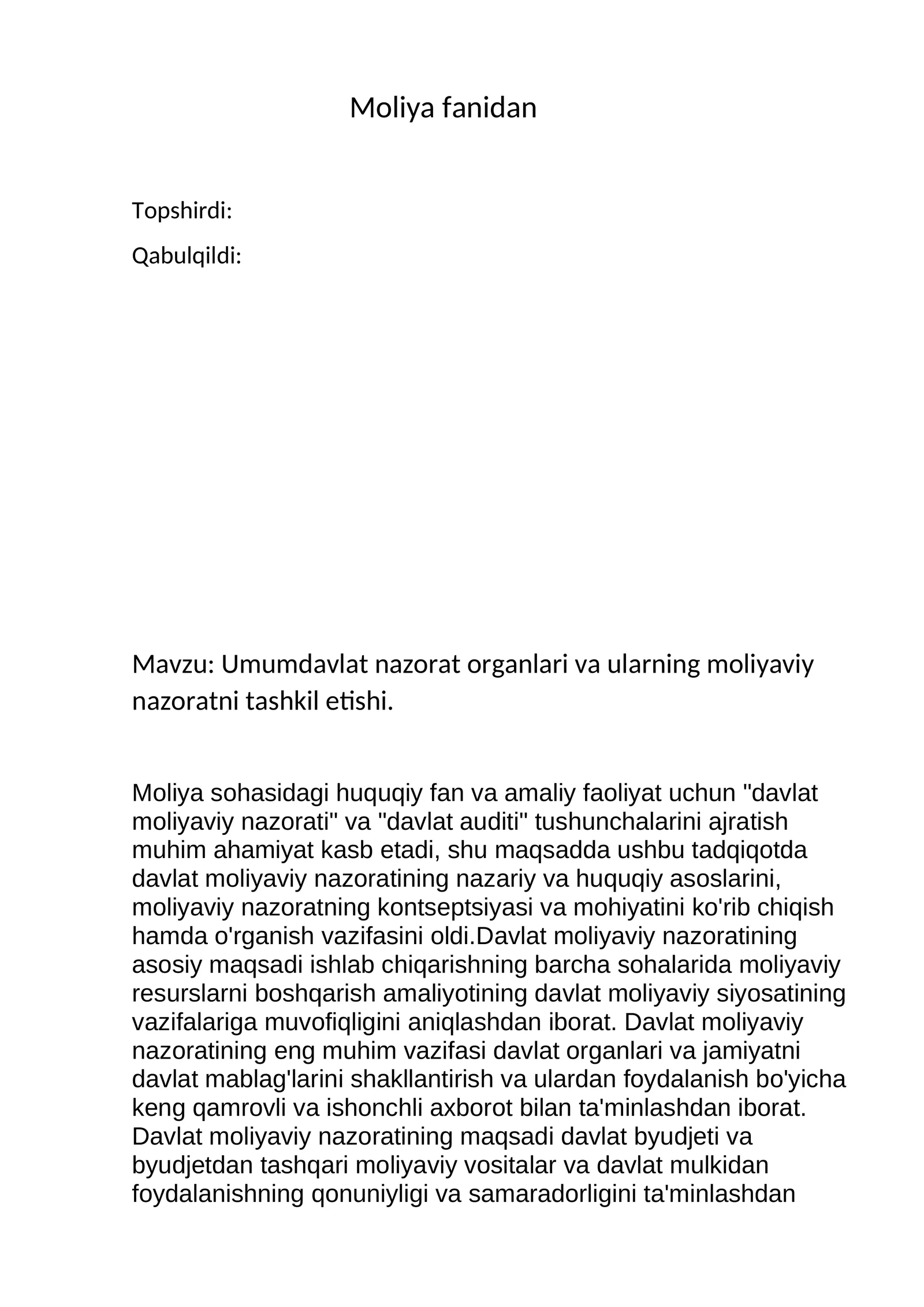 Umumdavlat nazorat organlari va ularning moliyaviy nazoratni tashkil etishi