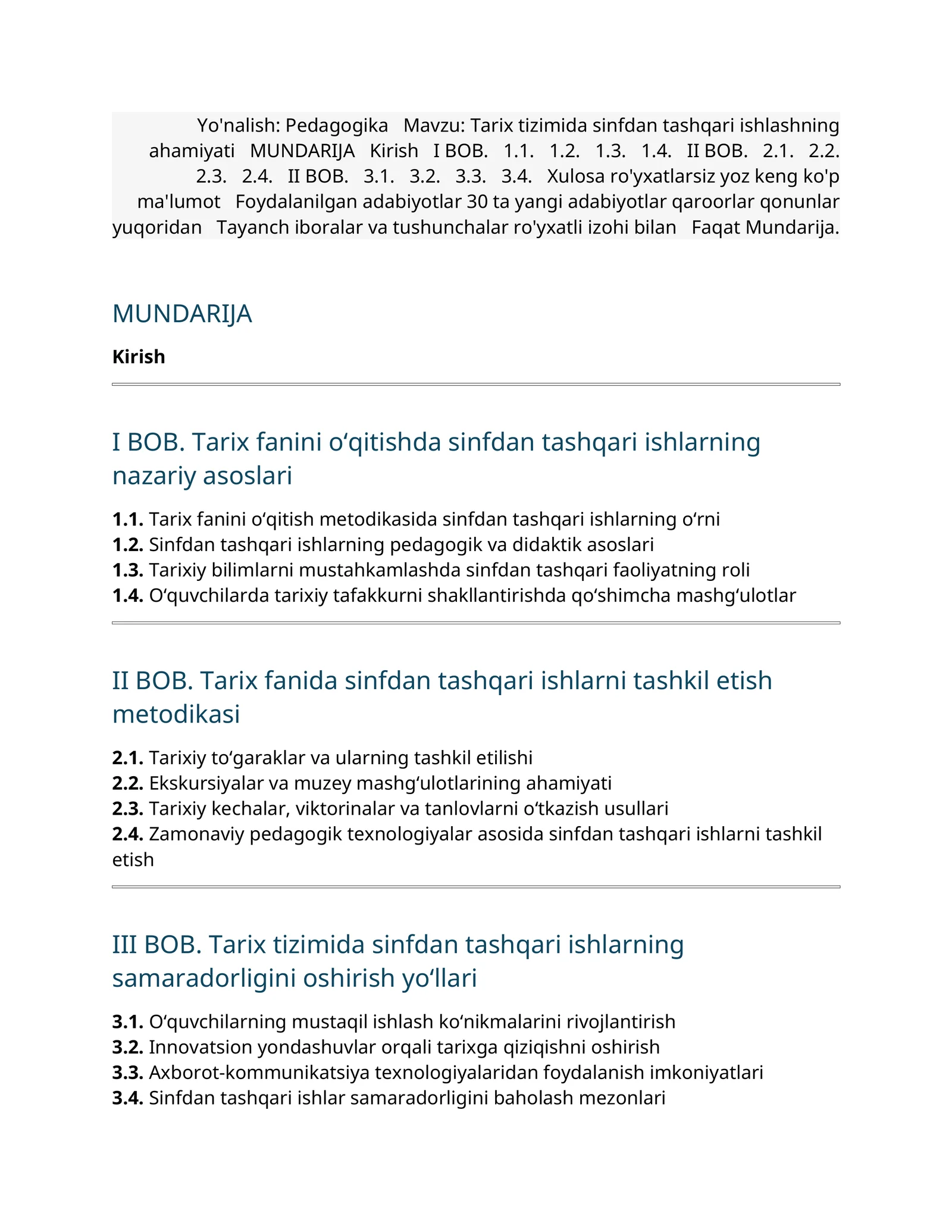 Tarix tizimida sinfdan tashqari ishlashning ahamiyati