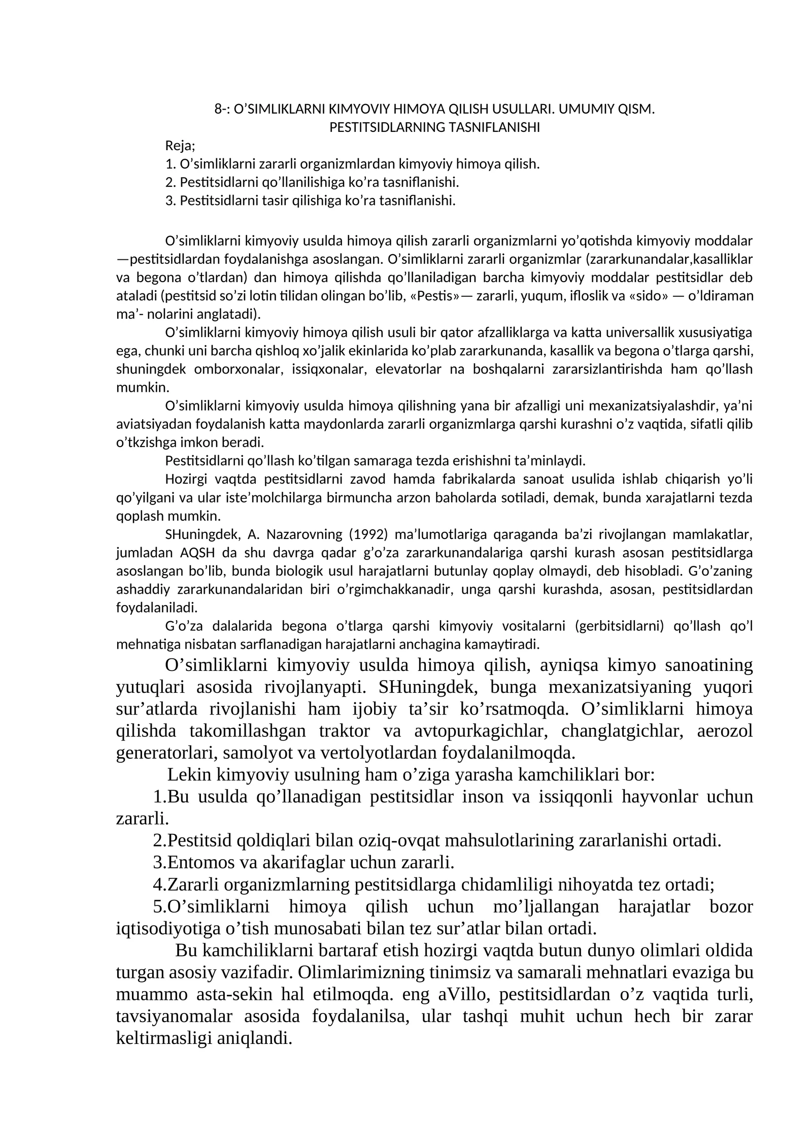 O’SIMLIKLARNI KIMYOVIY HIMOYA QILISH USULLARI. UMUMIY QISM