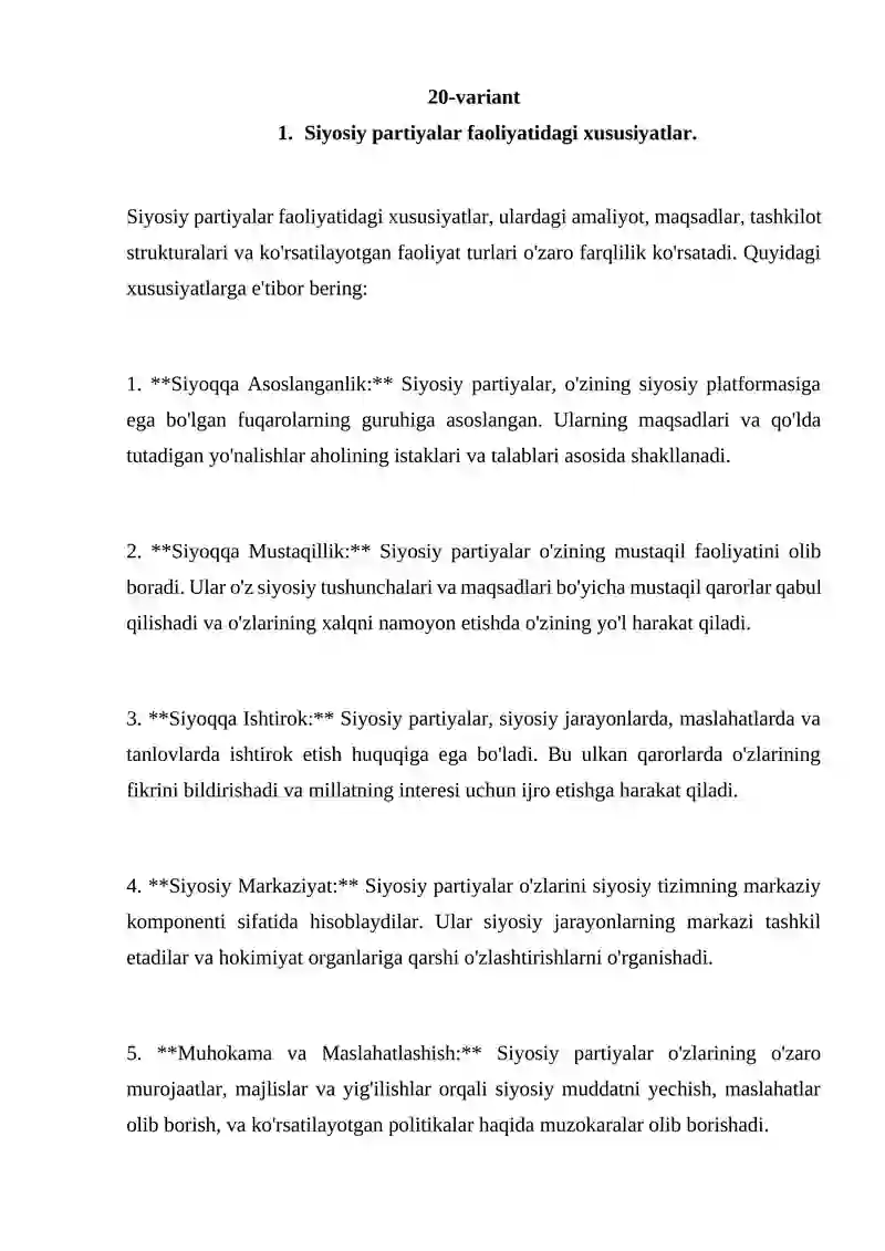 Siyosiy Partiyalar Faoliyatidagi Xususiyatlar