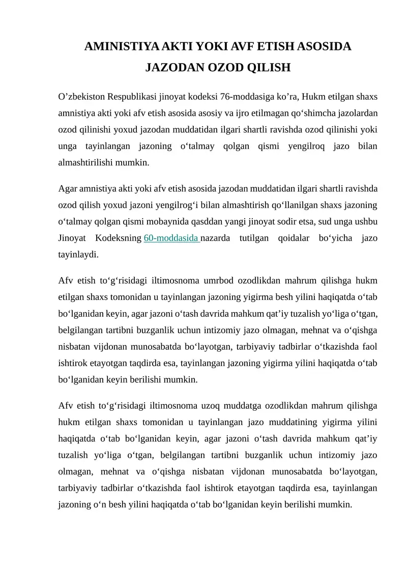 AMINISTIYA AKTI YOKI AVF ETISH ASOSIDA JAZODAN OZOD QILISH