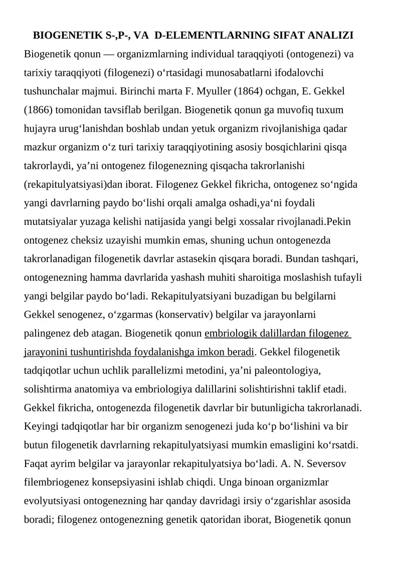 BIOGENETIK S-,P-, VA D-ELEMENTLARNING SIFAT ANALIZI