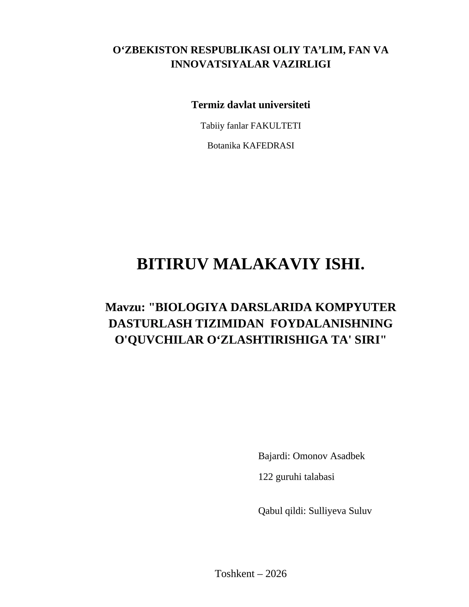 Biologiya darslarida kompyuter dasturlash tizimidan foydalanishning o'quvchilar oʻzlashtirishiga ta' siri