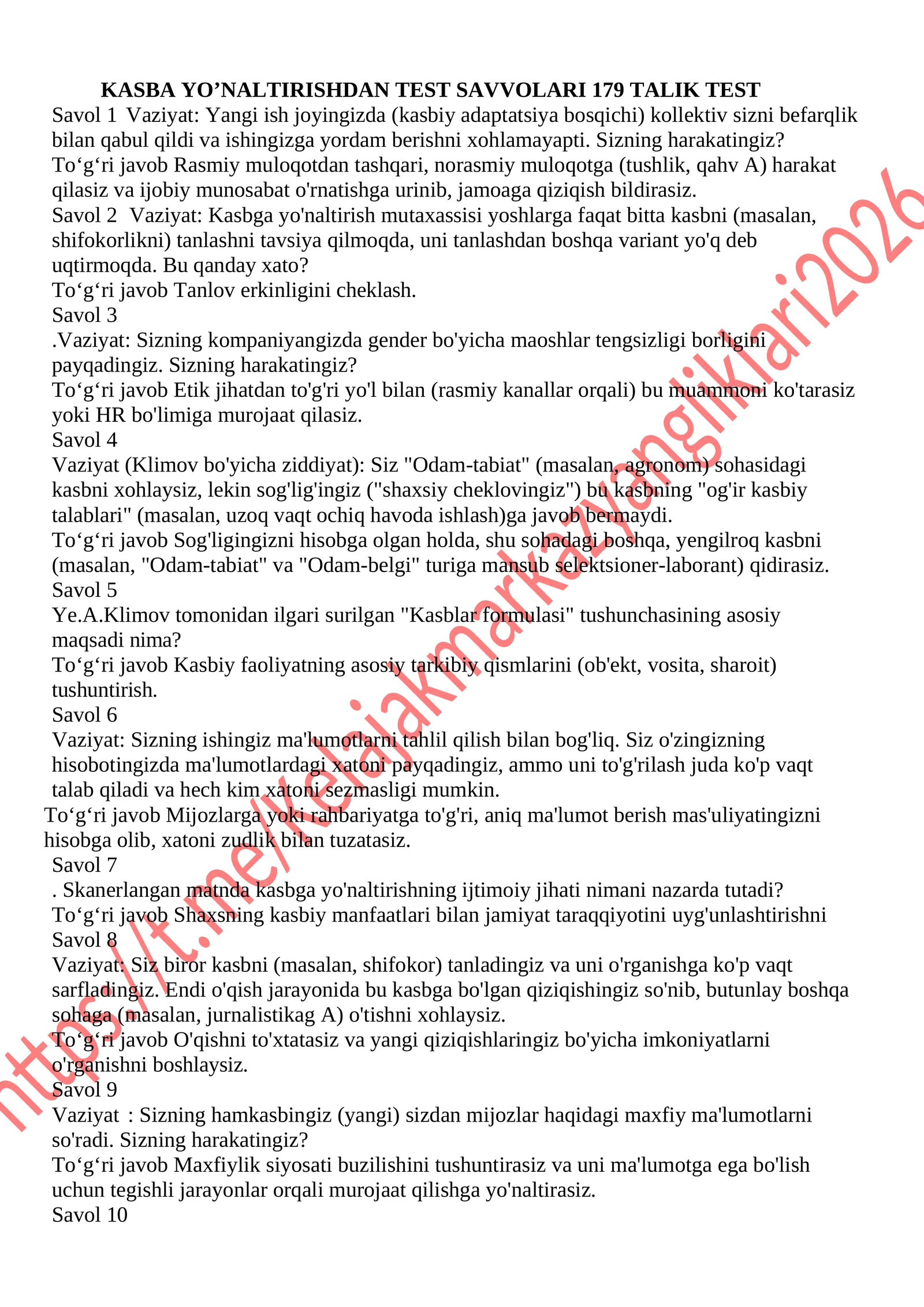 KASBA YO’NALTIRISHDAN TEST SAVVOLARI 179 TALIK TEST